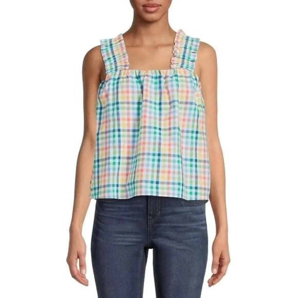 Time and Tru Ruffle Strap Multi Color Plaid Tank Top M